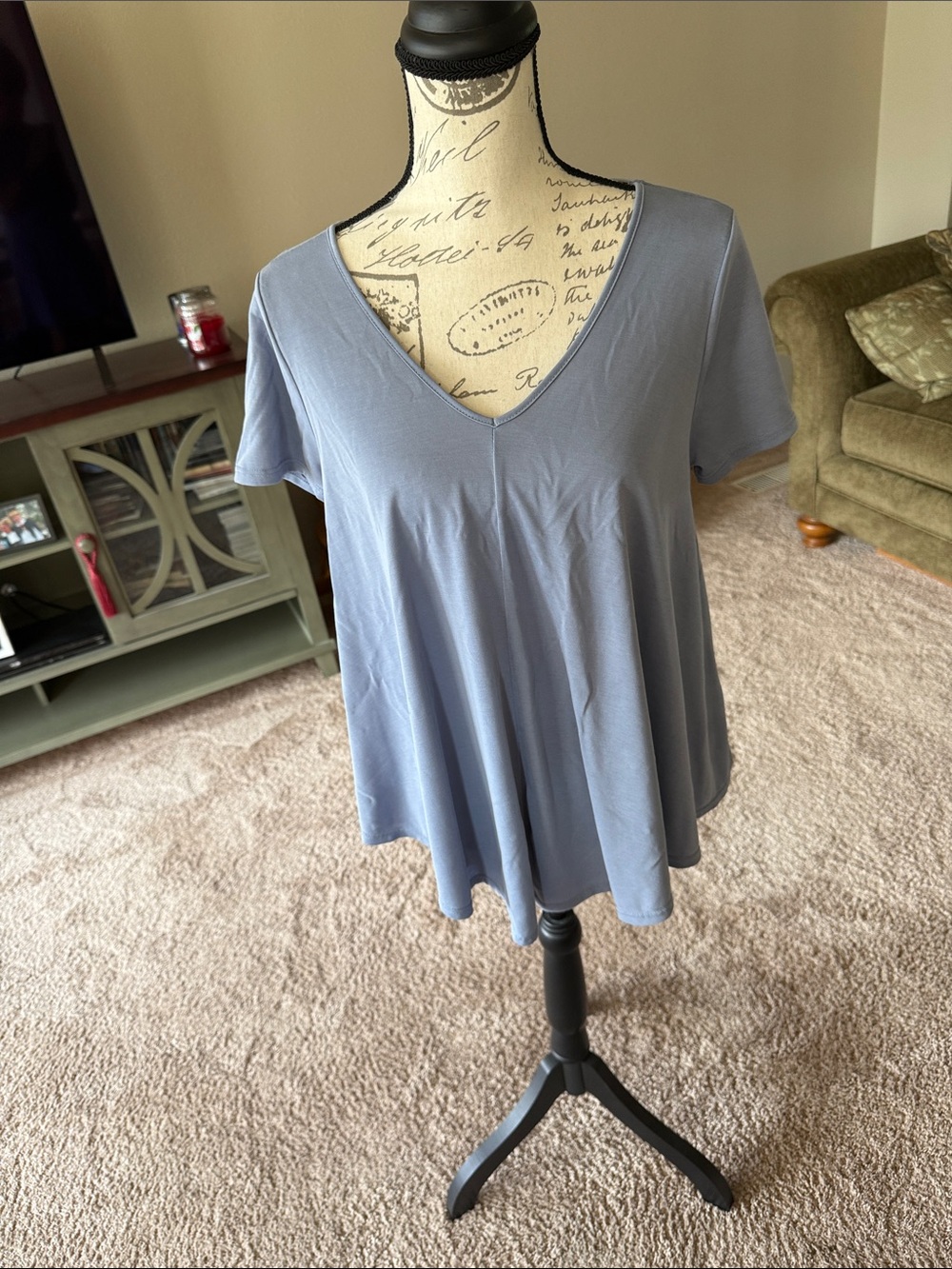 Green Envelope Dusty Blue V-Neck Short Sleeve Flowy top